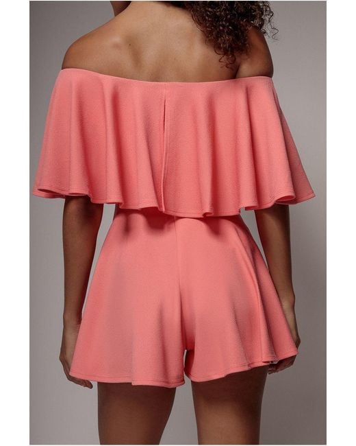 Goddiva Red Off The Shoulder Frill Neck Skater Playsuit