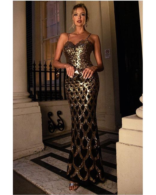 Goddiva Diamante Strap Fish Scale Sequin Maxi Dress in Black | Lyst