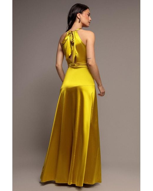 Goddiva Yellow Halter Neck Front Split Satin Maxi Dress