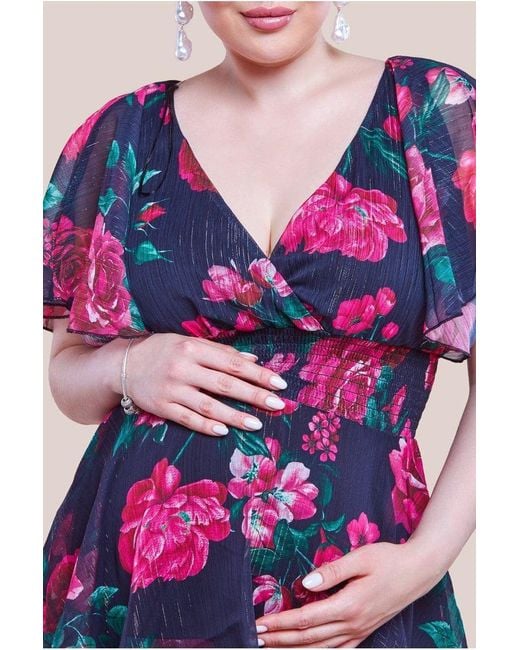 Goddiva Pink Maternity Layered Floral Midi Dress With Flutter Sleeves