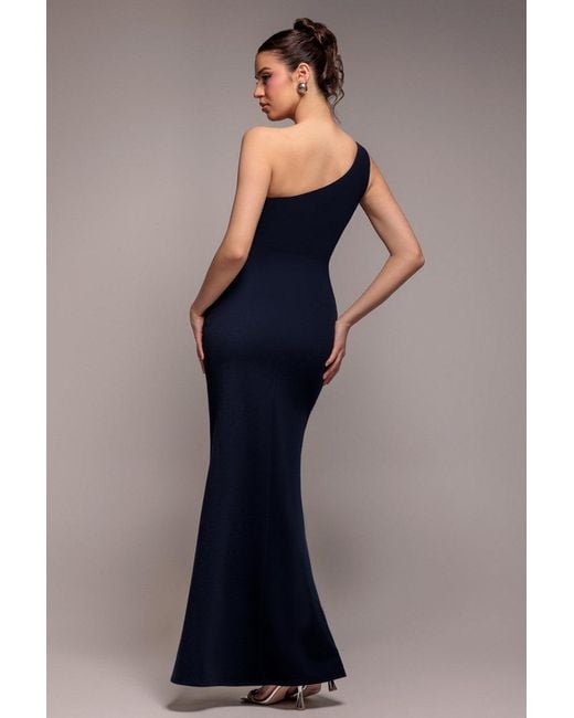Goddiva Blue One Shoulder Pleated Fan Maxi Dress