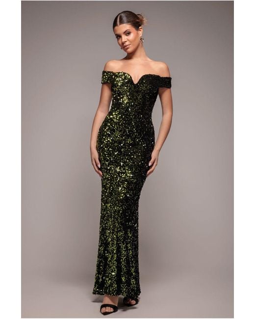 Goddiva Green Sequin Velvet Bardot Evening Maxi Dress