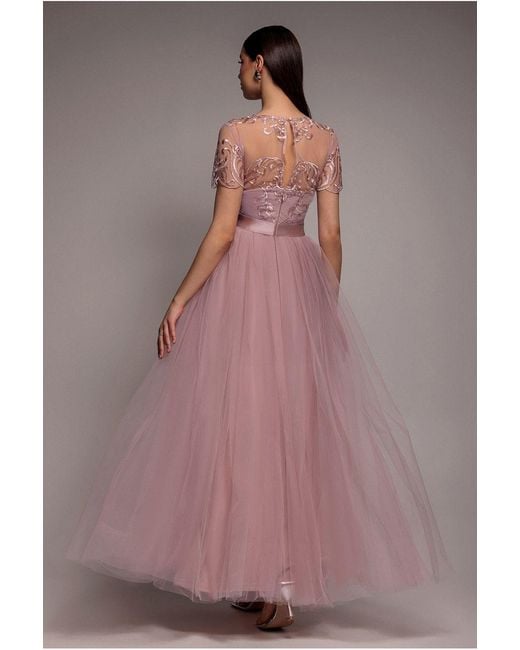 Goddiva Pink Embroidered Mesh Maxi Dress