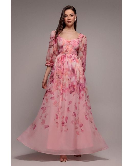Goddiva Pink Floral Print Shirred Back A Line Maxi Dress