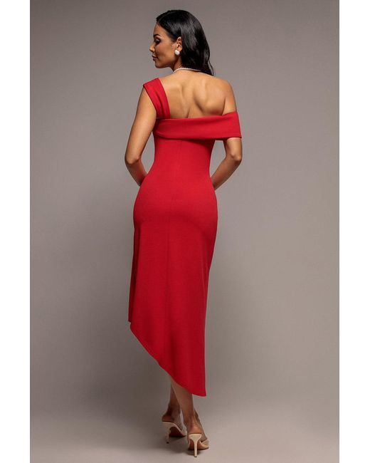 Goddiva Red Off Shoulder Pleated Waist Asymmetric Midaxi Dress