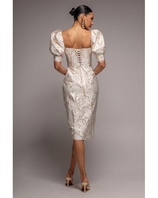 Goddiva Brown Puff Sleeve Sweetheart Midi Dress