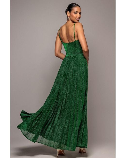 Goddiva Green Sleeveless Pleated A Line Lurex Maxi Dress