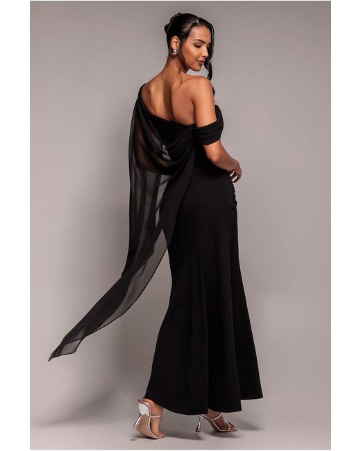 Goddiva Black One Shoulder Cape Scuba & Chiffon Maxi Dress