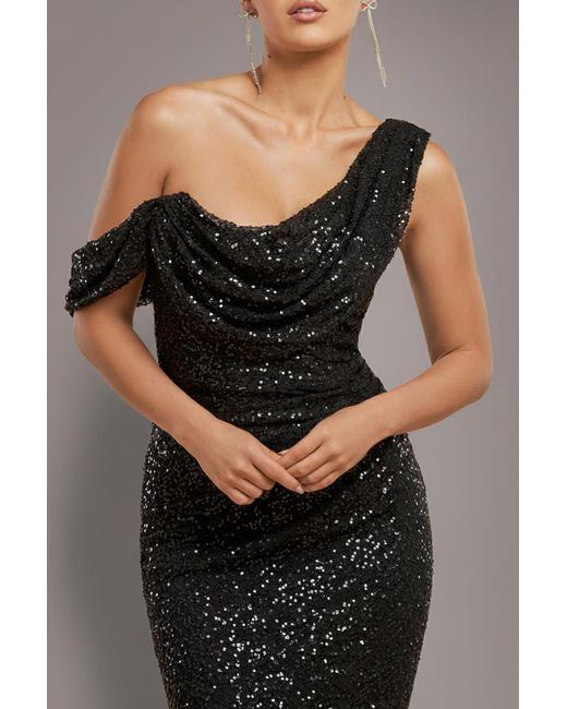lady godiva dress in black glitter Goddiva Sequin Cowl One Shoulder Maxi Prom dresses