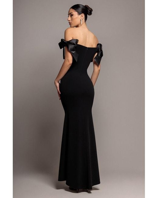 Goddiva Black Satin Bow Bardot Sheath Maxi Dress
