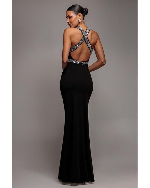 Goddiva Black Diamante Cross Back Maxi Dress