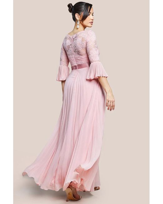 Goddiva Scalloped Lace & Chiffon Winged Corset Bodice Maxi Dress - Red