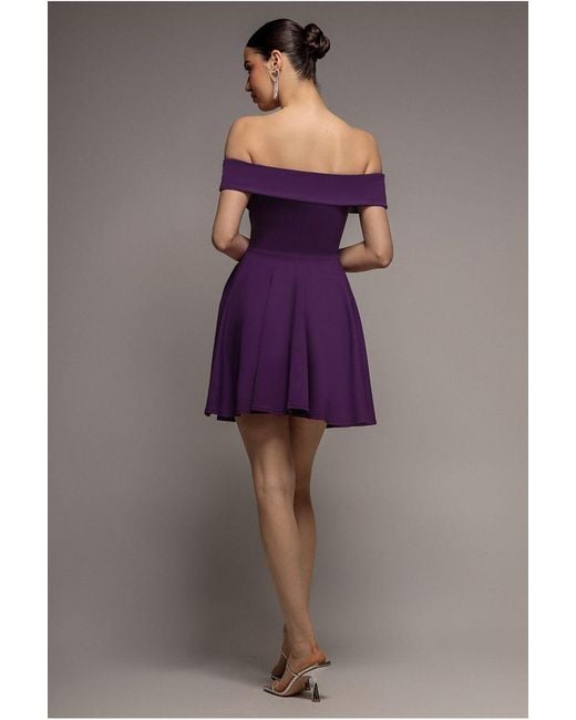 Goddiva Purple Bardot Scuba Crepe Skater Mini Dress
