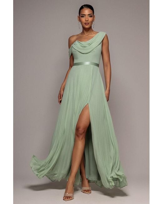Goddiva Green Cowl Neck One Shoulder A Line Chiffon Maxi Dress