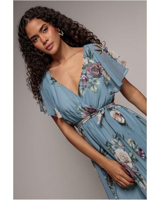 Goddiva Blue Floral Printed Flutter Sleeve Chiffon Midi Dress