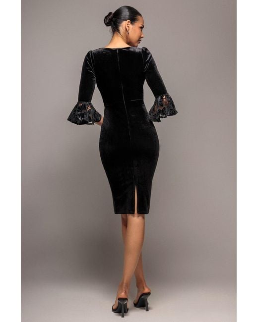 Goddiva Black Crochet Velvet Wrap Midi Dress
