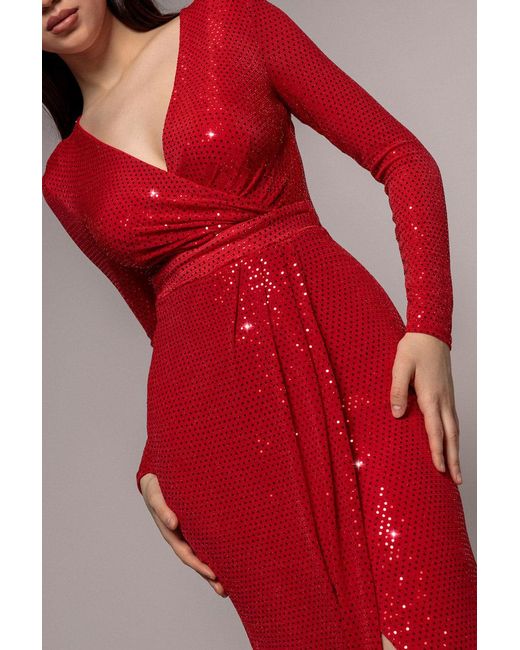 Goddiva Red Sequin Glitter Lurex Long Sleeve Wrap Maxi Dress