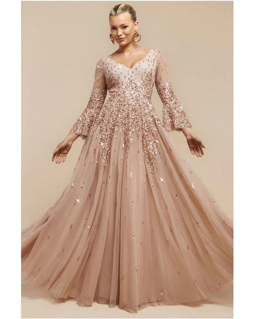 Goddiva Natural Sunray Hand Embellished Sequin A-Line Bell Sleeve Maxi Dress
