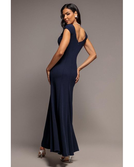 Goddiva Blue Capped Sleeve V Neck Pleated Fit & Flare Maxi Dress
