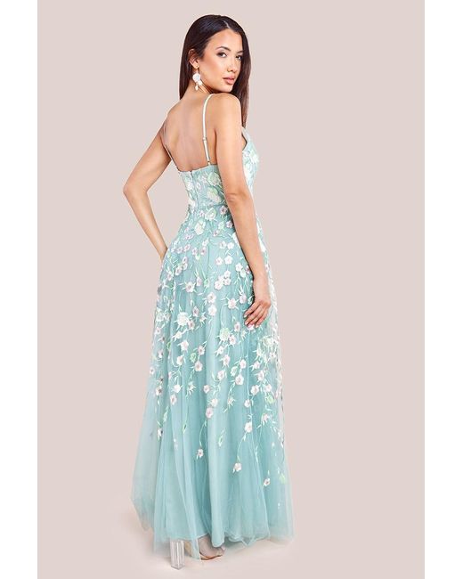 Goddiva Blue Sleeveless Floral Mesh Maxi Dress