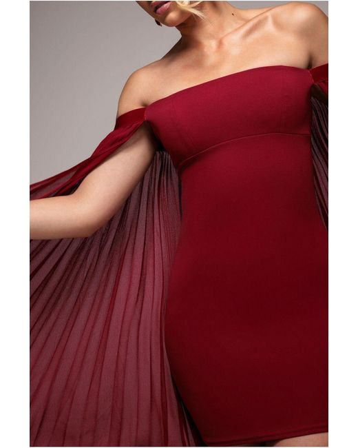Goddiva Red Strapless Mini Dress With Pleated Chiffon Cape