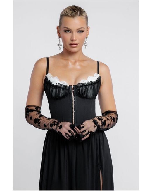 Goddiva Black Embroidered Stretch Mesh Gloves