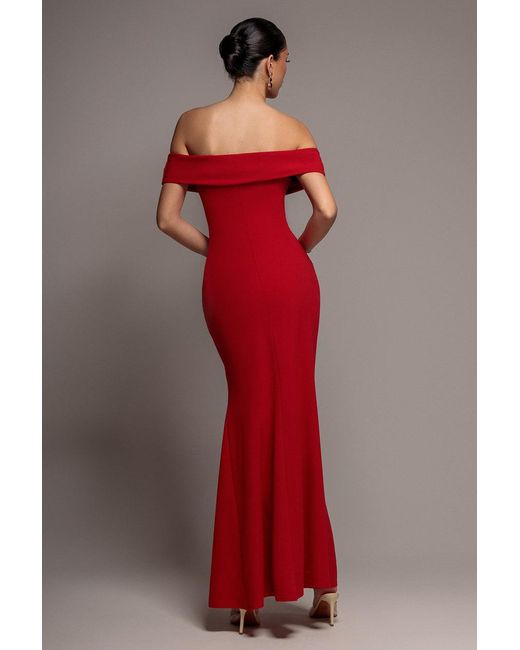 Goddiva Red Off The Shoulder Maxi Dress With Split
