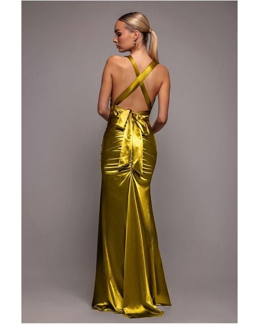 Goddiva Yellow Multi-Tied Satin Gathered Ring Maxi Dress