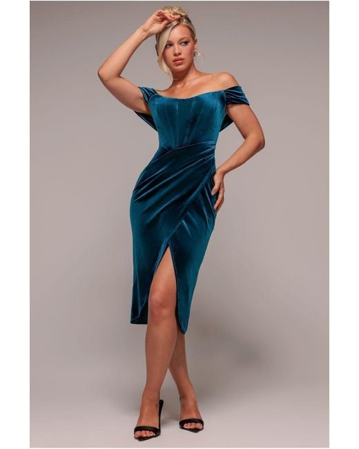 Goddiva Women's Blue Draped Shoulder Velvet Corset Midi