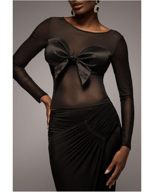 Goddiva Black Long Sleeve Mesh Sleeveless Taffeta Bow Top