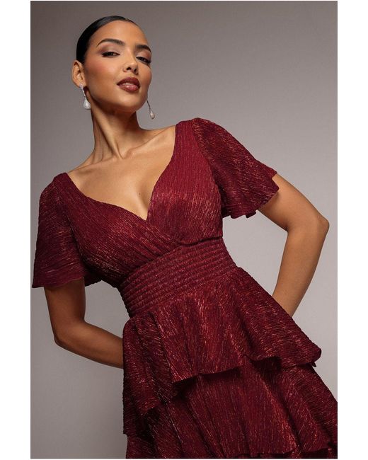 Goddiva Crinkle Lurex High Low Layered Midi Dress