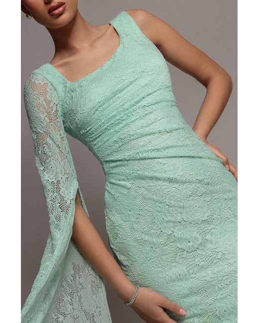 Goddiva Green One Shoulder Cape Sleeve Pleated Lace Maxi Dress