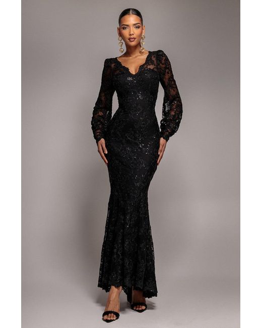 Goddiva Blue Embroidered Lace Scalloped Edge Maxi Dress