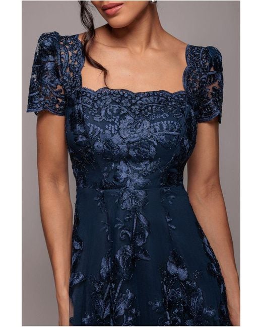 Goddiva Blue Scalloped Neck Embroidered Lace High Low Midi Dress