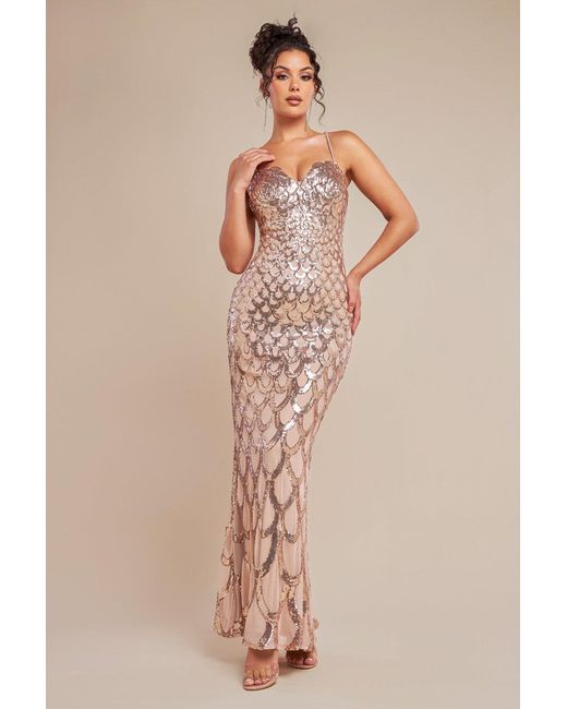 Goddiva Natural Diamante Strap Fish Scale Sequin Maxi Dress