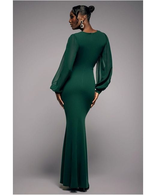 Goddiva Green Chiffon Cuffed Balloon Sleeve Scuba Maxi Dress
