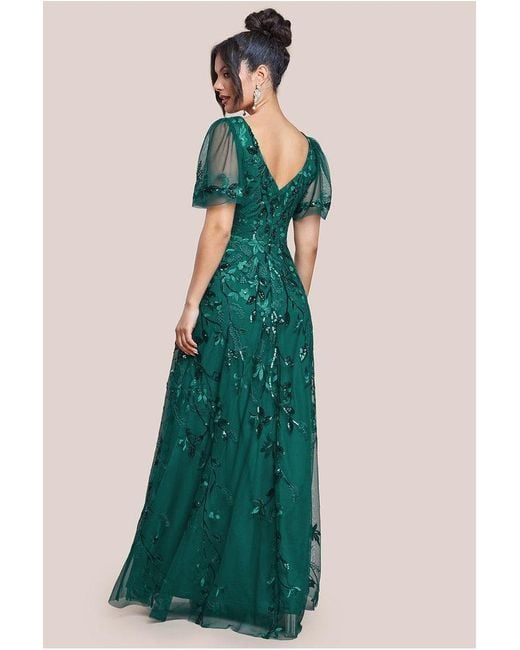 Goddiva Flared Sleeve Embroidered Maxi Dress in Green | Lyst UK