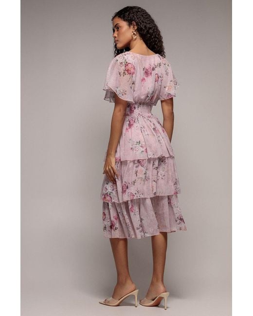 Goddiva Pink Layered Floral Midi With Flutter Sleeves