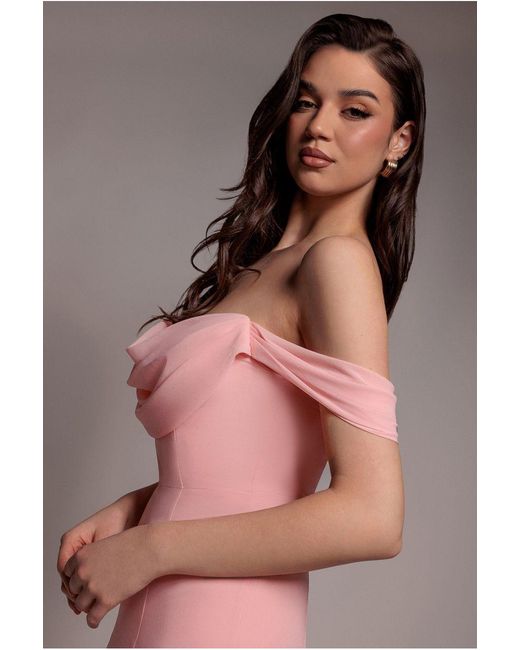 Goddiva Pink Chiffon Bardot Cowl Neck Maxi Dress