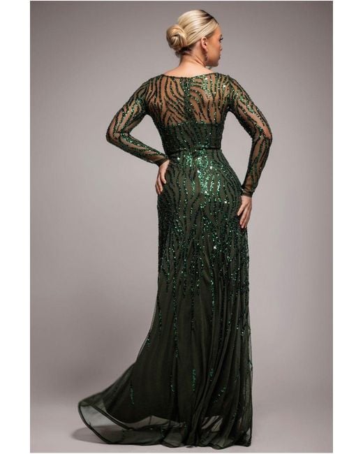 Goddiva Multicolor Ombre Sequin Beaded Flared Long Sleeve Maxi Dress