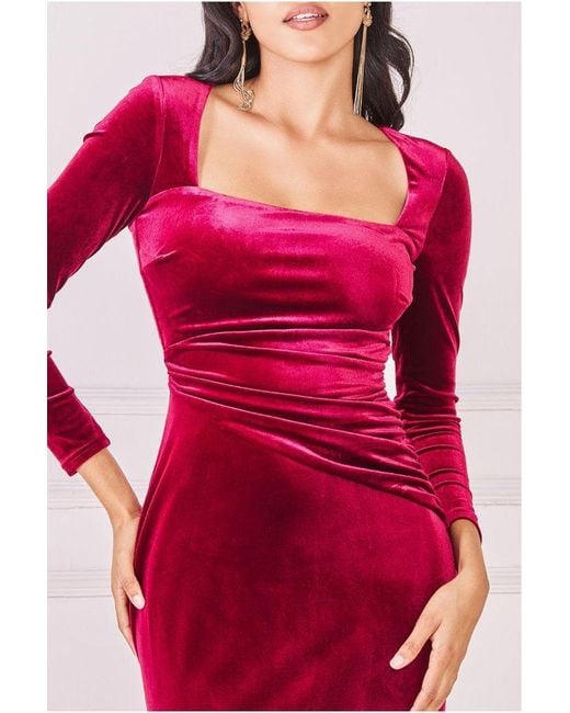 Goddiva Square Neck Gathered Waist Velvet Maxi