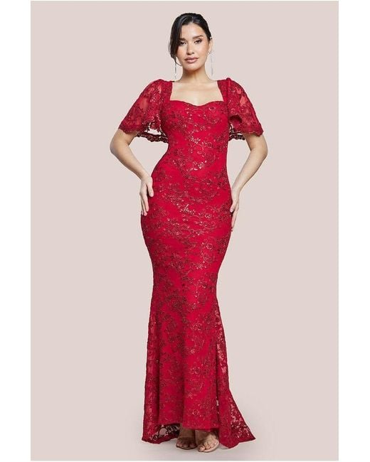 Goddiva Red Scalloped Cape Open Back Lace & Sequin Maxi Dress