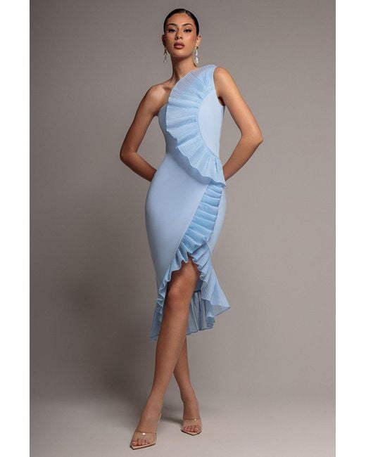 Goddiva Gray One Shoulder Pleated Fan Midi Dress