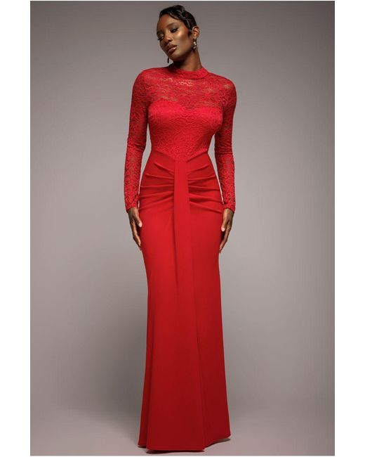 Goddiva Lace High Neck Sheer Bodice Long Sleeve Maxi Dress in Red | Lyst