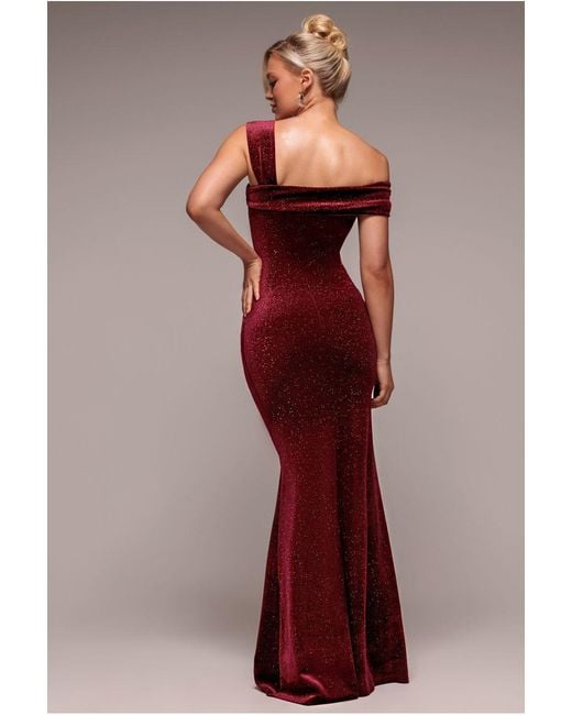 Goddiva Red Glitter Polka Dot Velvet One Shoulder Maxi Dress