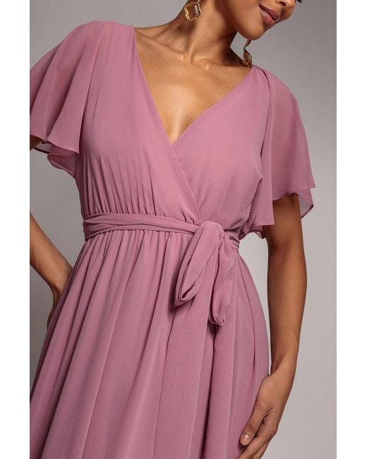Goddiva Pink Sustainable Chiffon Flutter Sleeve Wrap Maxi Dress