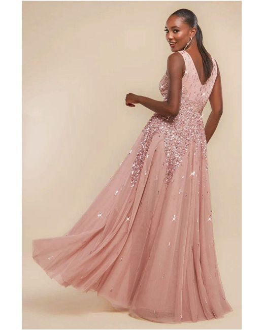 Goddiva Pink Sunray Hand Embellished Sequin A-Line Sleeveless Maxi Dress