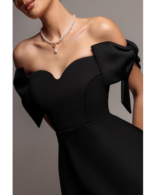 Goddiva Gray Bardot Plunge Neck Bow Sleeve Skater Mini Dress