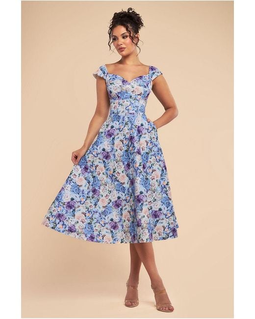 Goddiva Blue Floral Print A-Line Sweetheart Midi Dress