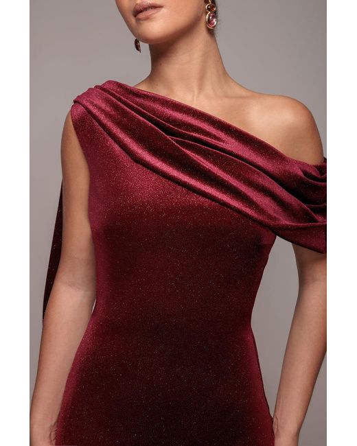 Goddiva Red Glitter Velvet Sash One Shoulder Bardot Maxi Dress